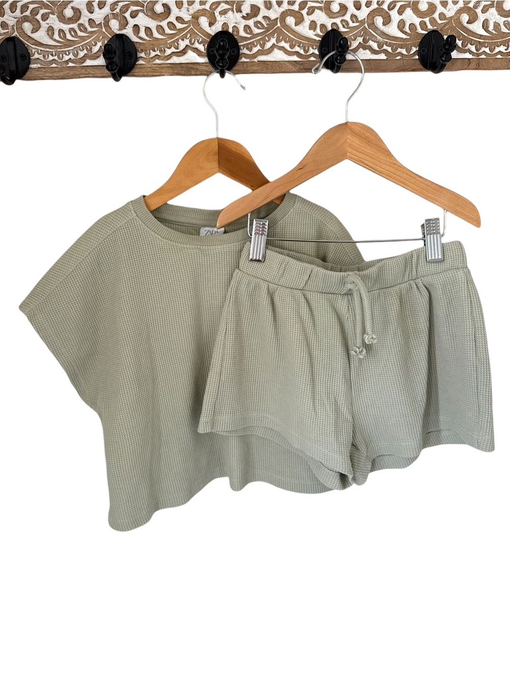 Zara Kids Sage Waffle Knit Matching Top & Shorts Set size 8